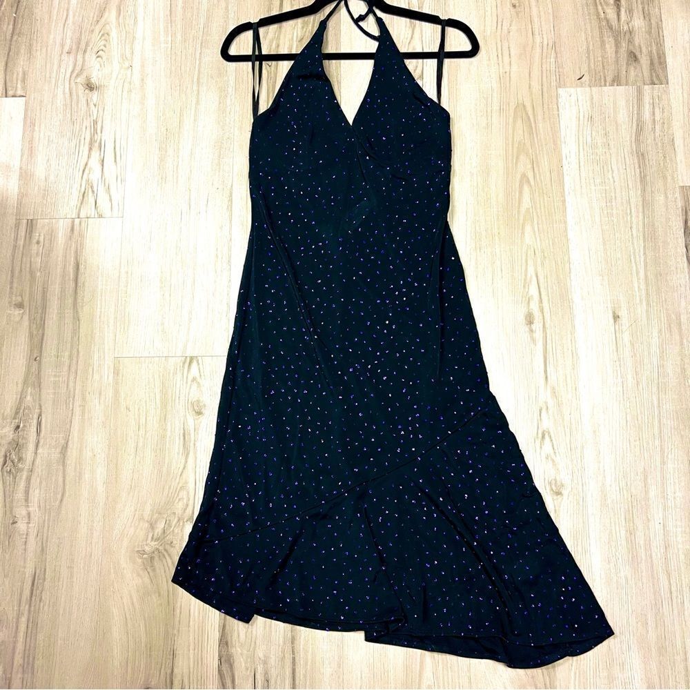 Forever 21 dress black with purple sparkle accents sz L halter neck low back